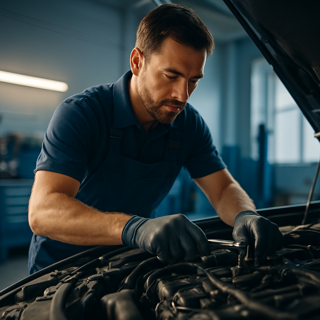Mechanic servicing a car in a modern garage